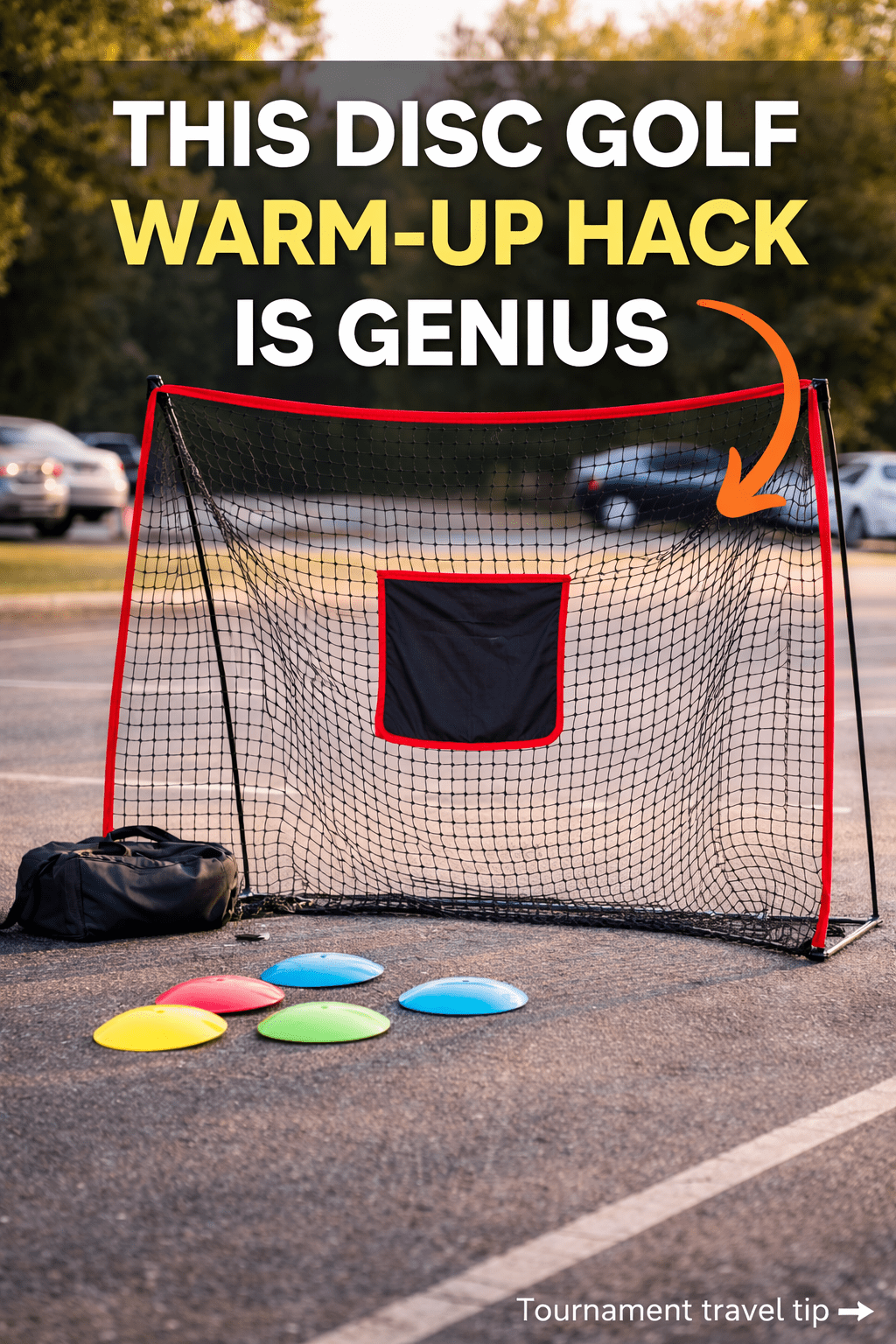 Portable disc golf practice net set up for warm-up throws, showing a simple way to practice disc golf with purpose without chasing discs. Why this works: