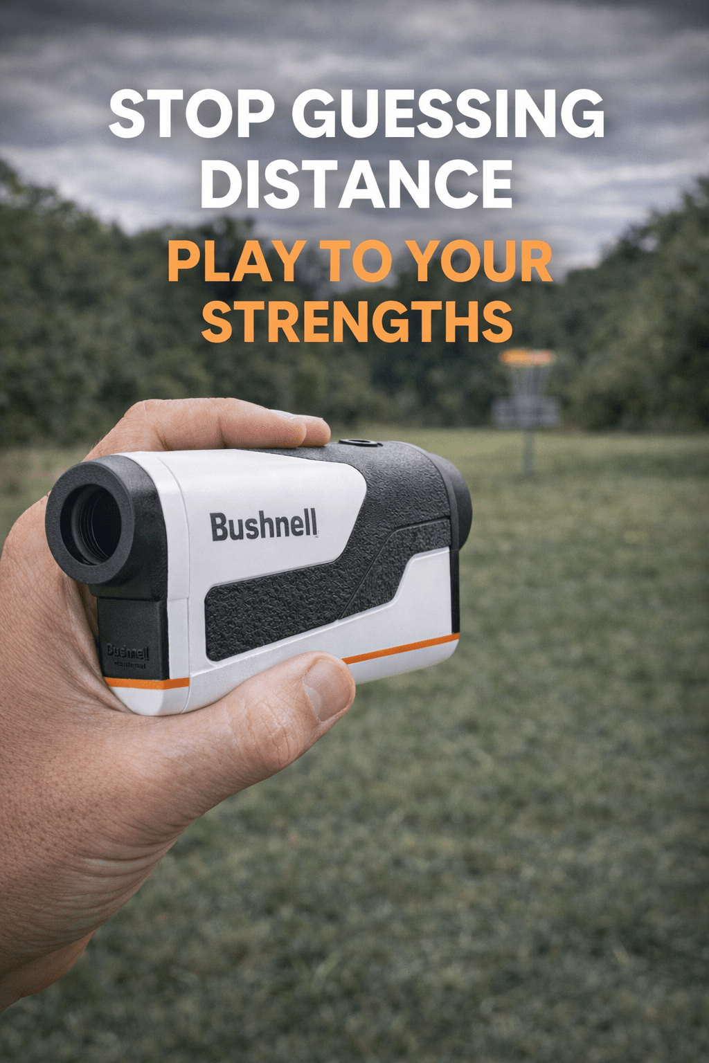 Bushnell disc golf rangefinder pointed at a distant disc golf basket, used by tournament players to measure distance and play to their strengths.