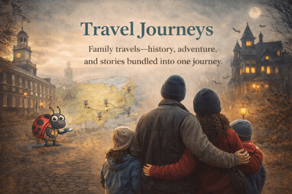 Family standing together on a historic street at dusk, guided by a playful ladybug map, representing family travel journeys filled with history, adventure, and storytelling.