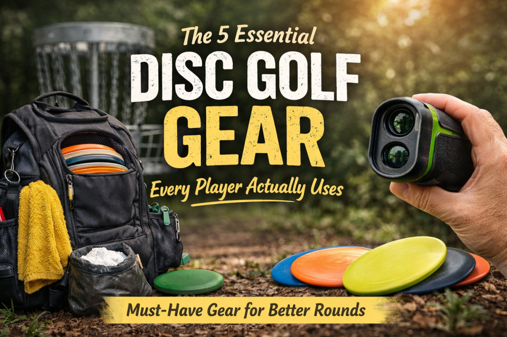Disc golf bag with essential gear including discs, towel, chalk bag, mini marker, and rangefinder on a wooded course