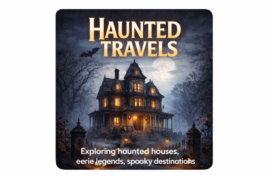 Spooky but playful haunted house at night with pumpkins and fog, featured in a haunted travel adventure blog.