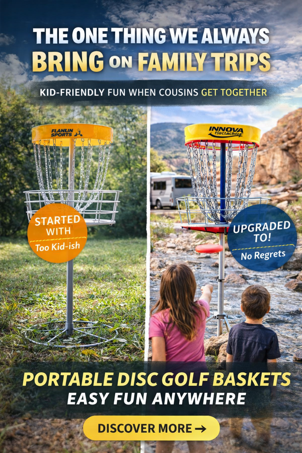 Portable disc golf basket used for family trips, showing Franklin Sports and Innova DISCatcher baskets as kid-friendly entertainment during cousin time