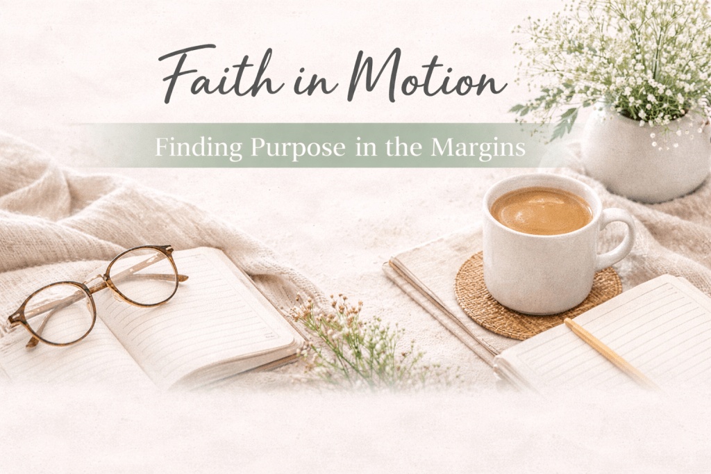 A calm, welcoming workspace with a warm cup of coffee, an open notebook, soft neutral textures, and greenery, representing faith, reflection, and quiet moments for busy moms.