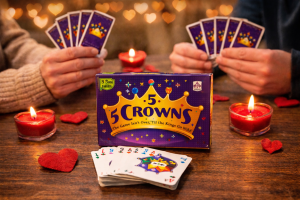 Couple enjoying a cozy Valentine game night playing the card game 5 Crowns with candles and heart decorations.