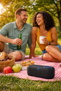 Happy couple enjoying a picnic date in a park with a portable Bluetooth speaker playing music.