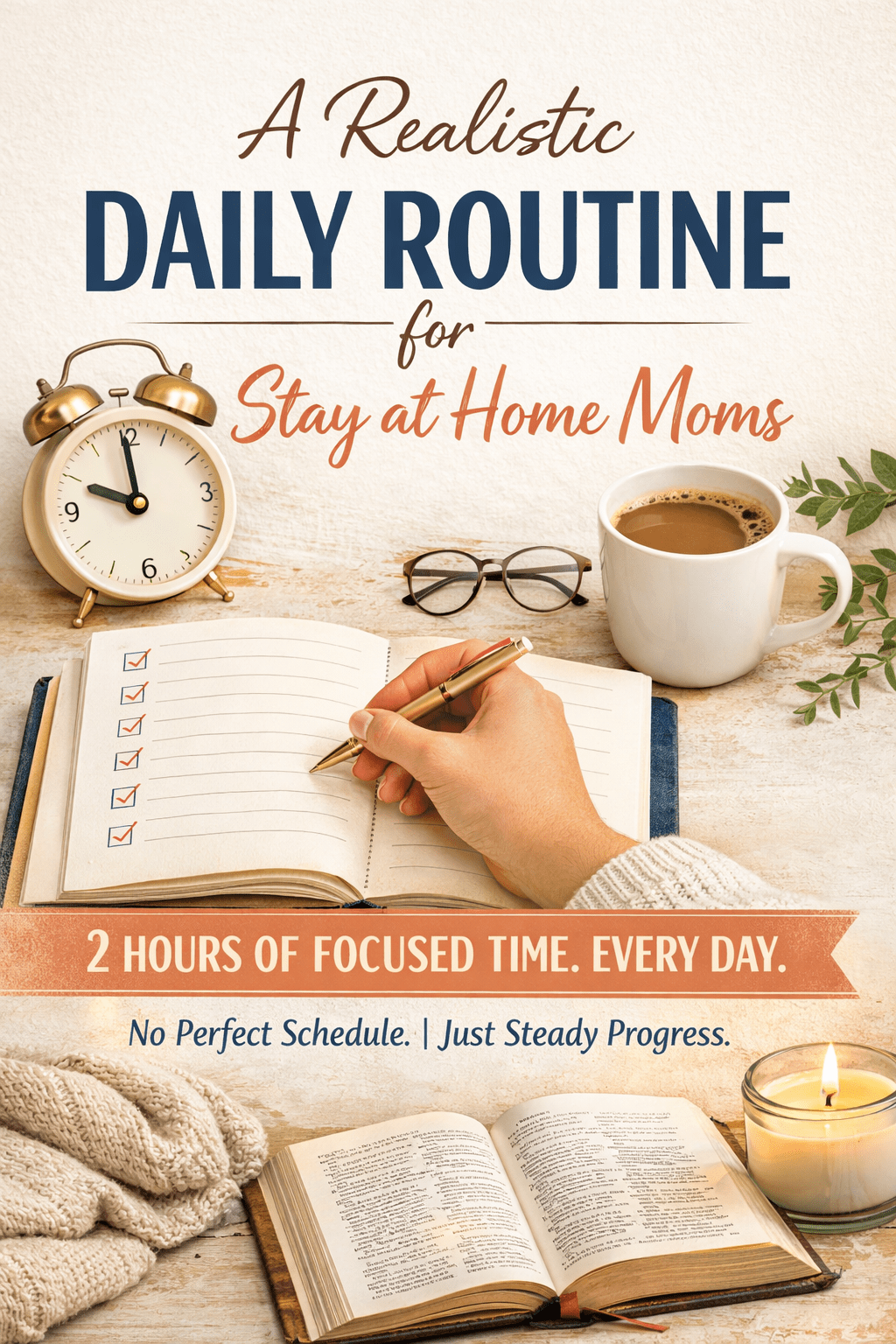 “Realistic daily routine for stay-at-home moms showing cozy planning setup with Bible, coffee, and notebook promoting focused work time and consistent progress.”