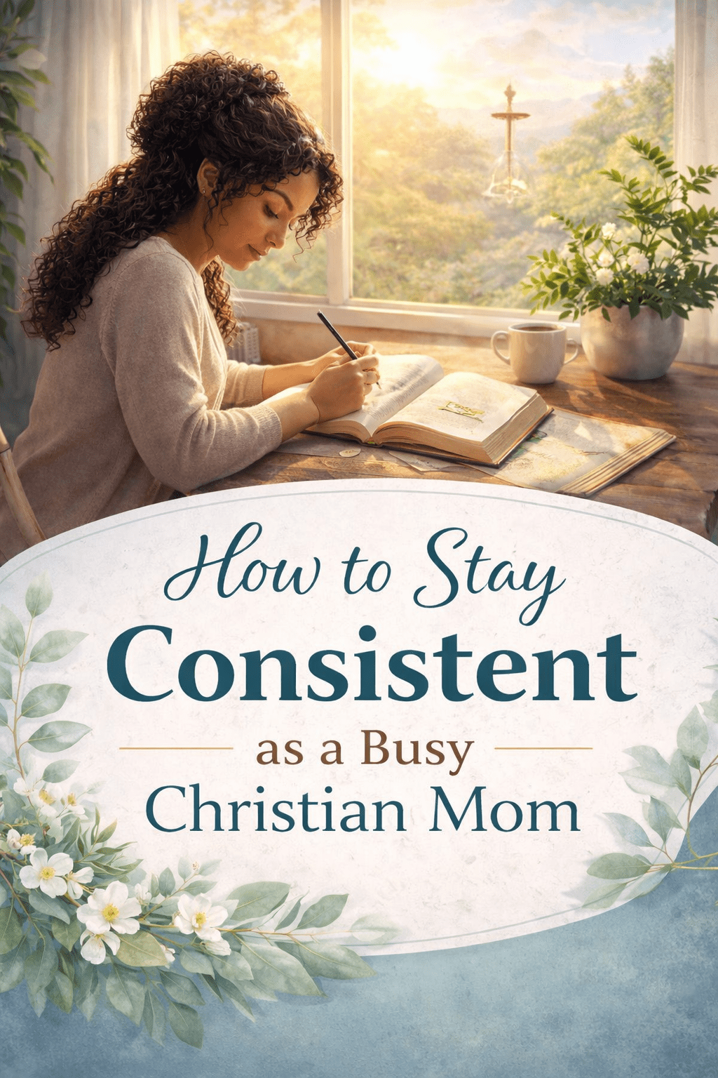 Christian mom praying and reflecting while learning how to stay consistent in faith and daily life