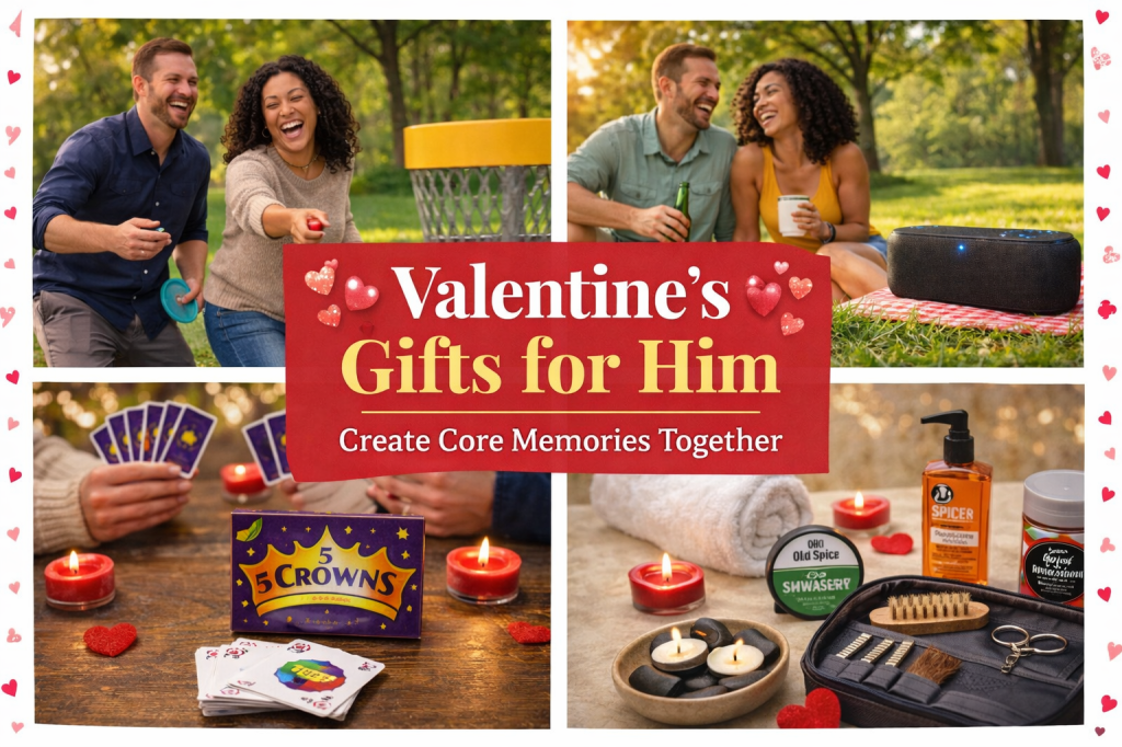 Valentine’s gifts for him collage featuring disc golf date, 5 Crowns card game night, beard grooming kit, and Bluetooth speaker date ideas.
