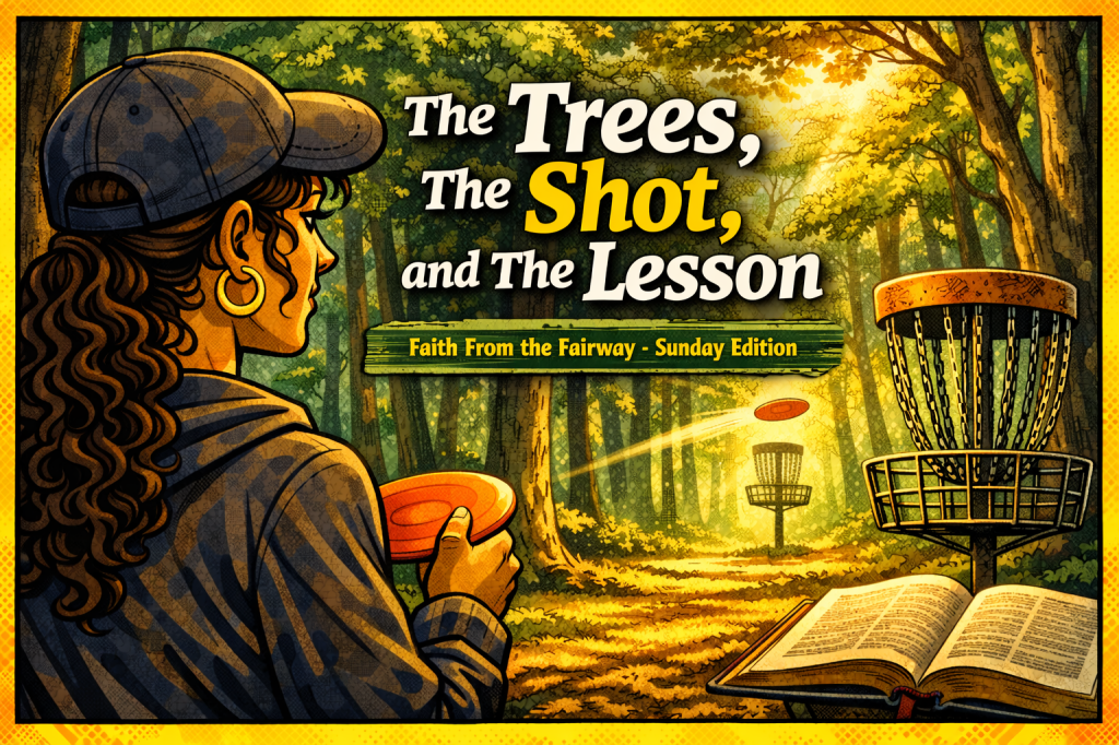 Comic-style disc golfer aiming toward a basket in a forest with sunlight and an open Bible representing faith lessons from the fairway