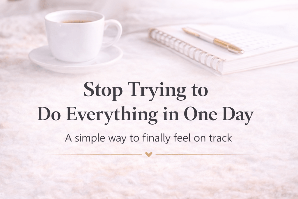 A minimal, calming blog image that says “Stop Trying to Do Everything in One Day” with a soft coffee and notebook background, representing a simple weekly system for busy moms to feel more organized and less overwhelmed.