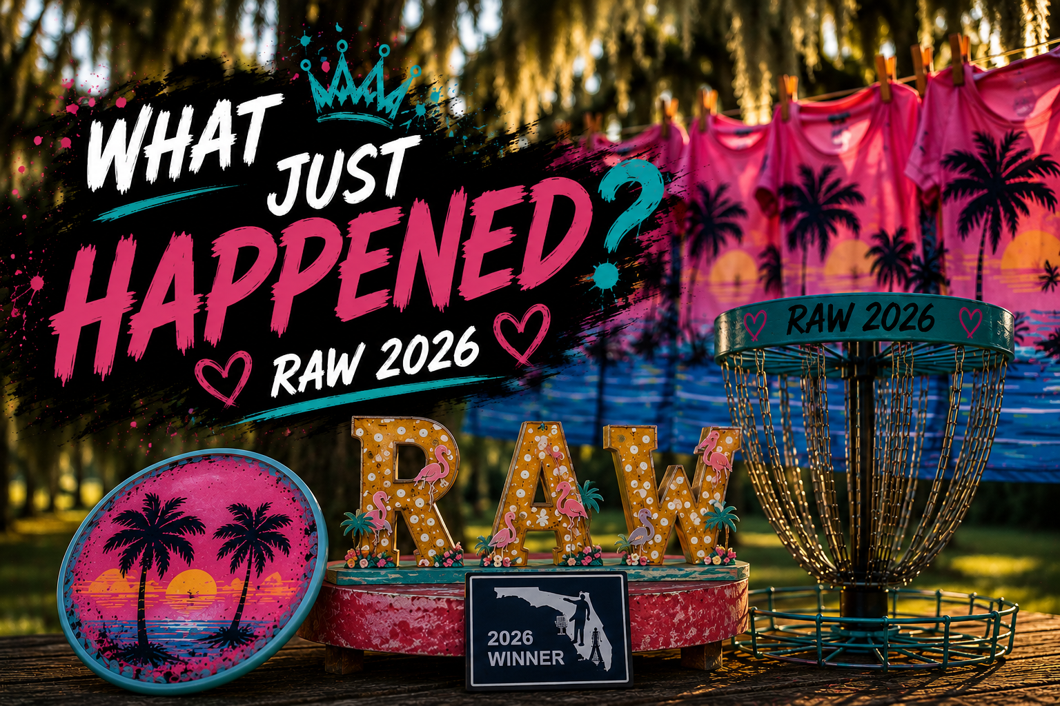 RAW 2026 disc golf display with tournament decorations, winner plaque, team shirts and disc golf basket.