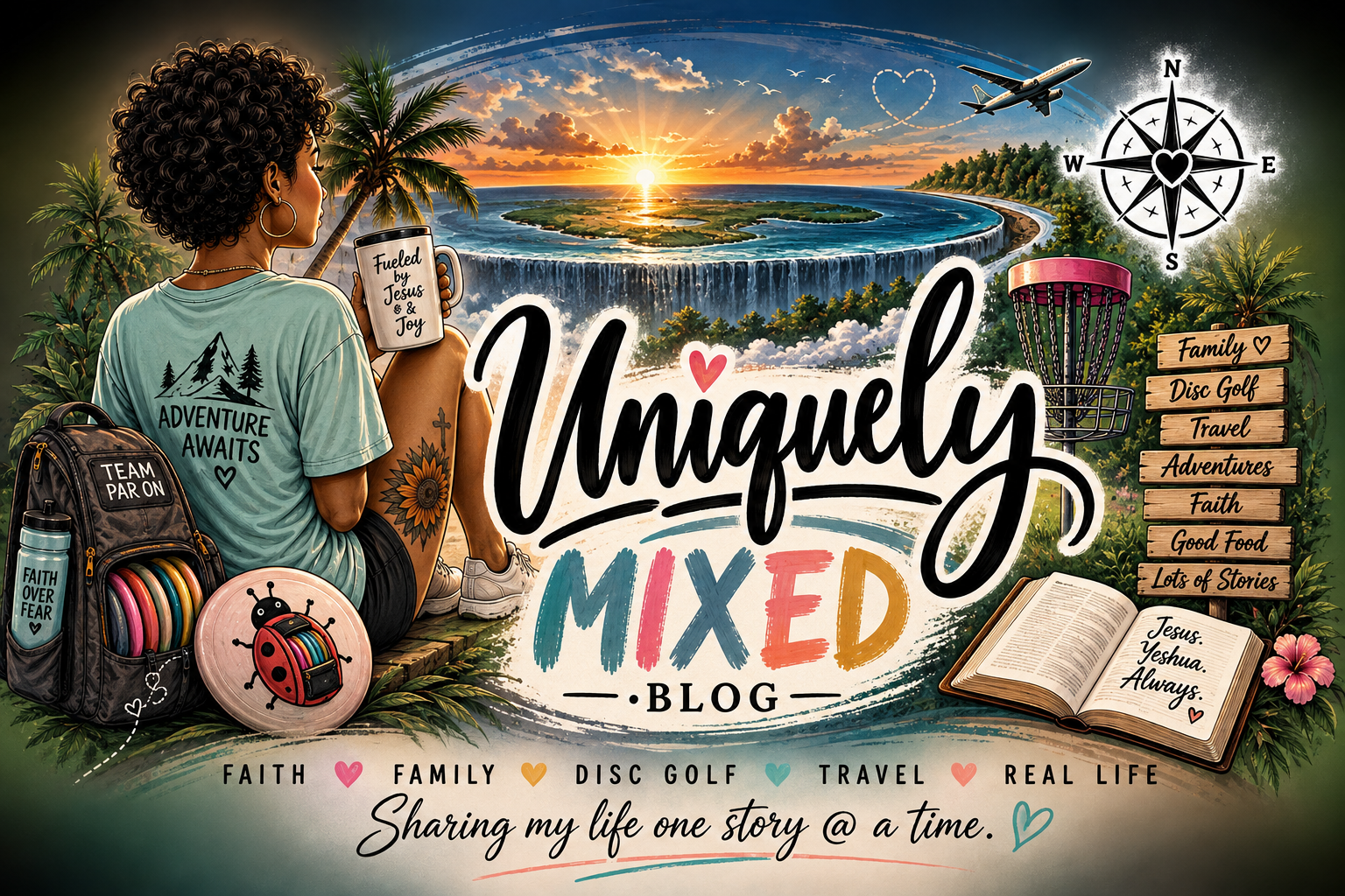 Uniquely Mixed blog banner featuring a woman with short curly hair, a disc golf bag and ladybug disc, Bible, disc golf basket, travel imagery, and a sunset landscape