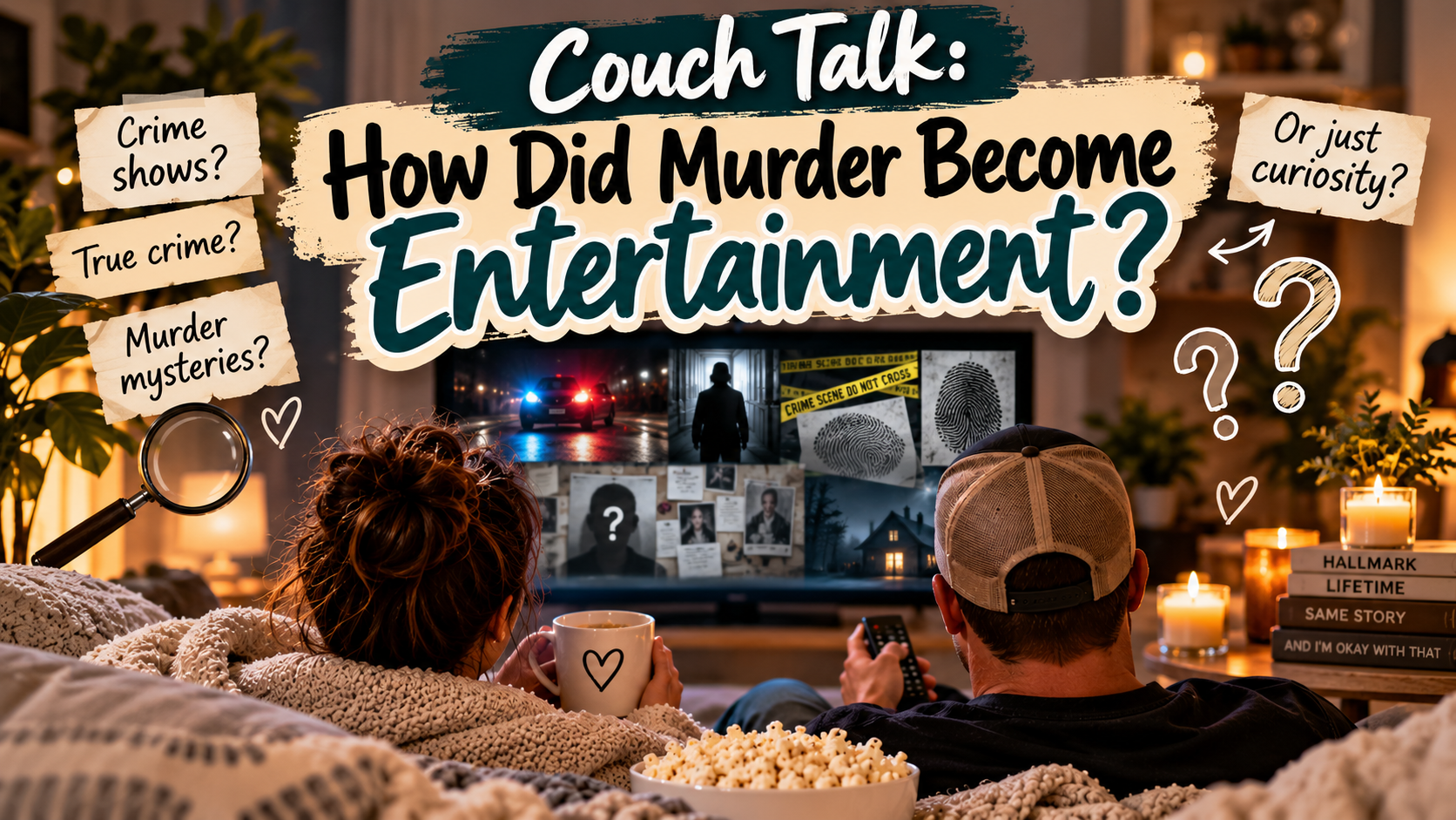 Couple relaxing on a couch while choosing between crime shows, true crime and murder mysteries on TV.