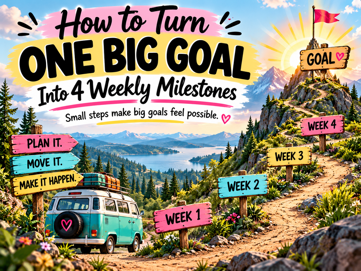 Illustrated GoalBound goal-setting journey showing a path from Week 1 through Week 4 toward one big goal.